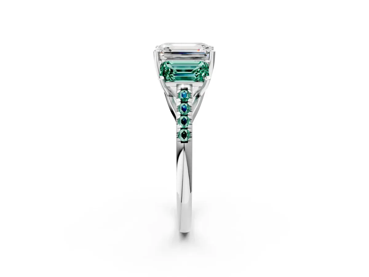 Three-Stone Emerald Cut Diamond Ring with Round Green Sapphire Pavé Band and Prong Setting Silver