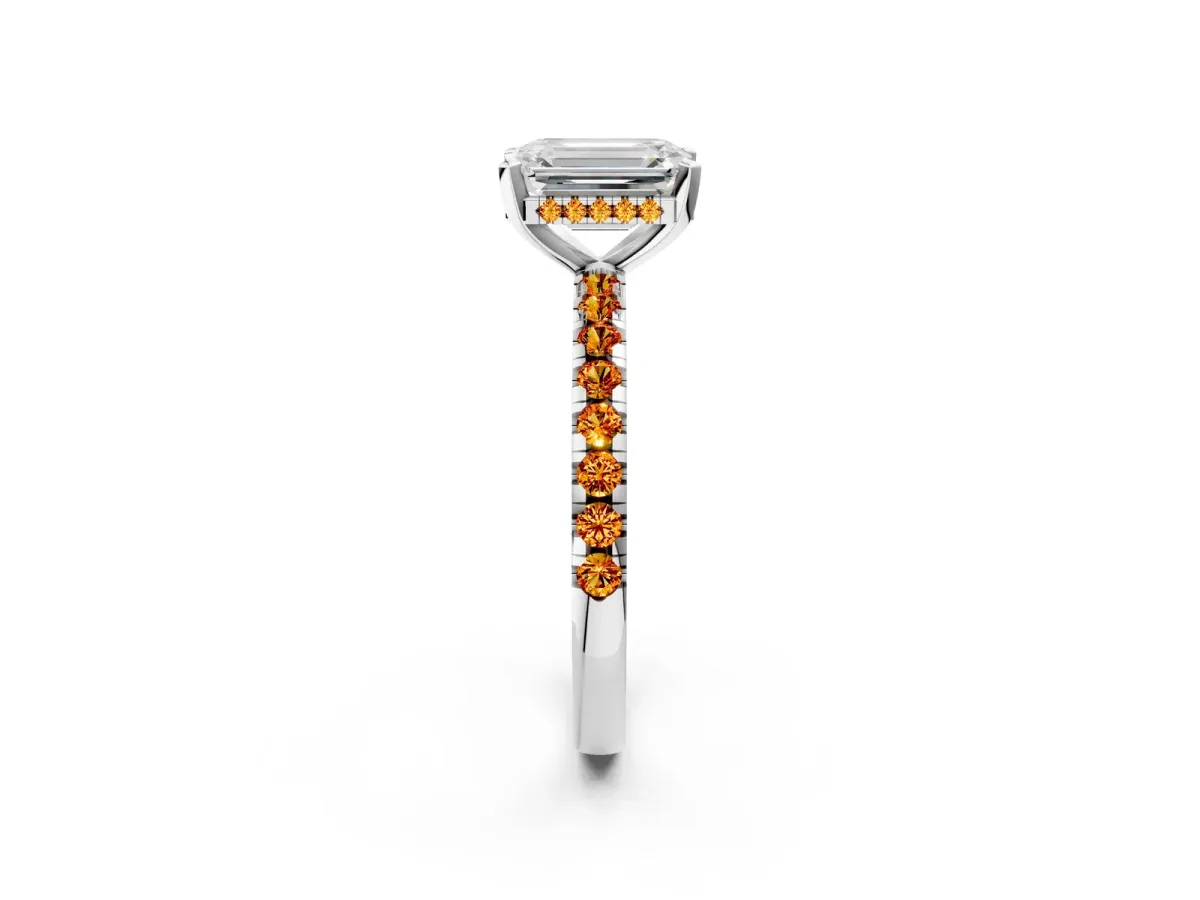 Emerald Cut Diamond Solitaire Ring with Round Citrine Pavé Band and Four-Prong Setting Silver