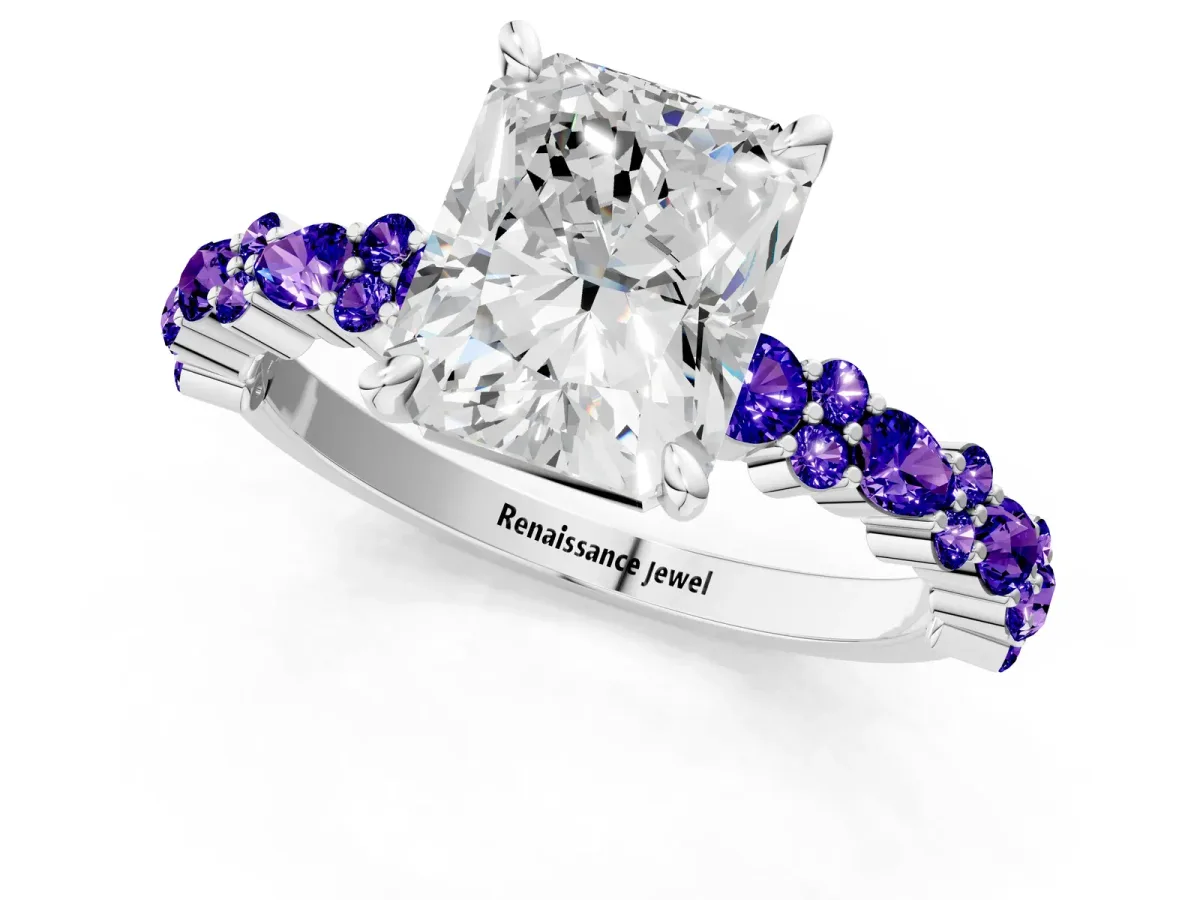 Radiant Cut Diamond Side Stone Solitaire Ring with Round Tanzanite and Four-Prong Setting Silver