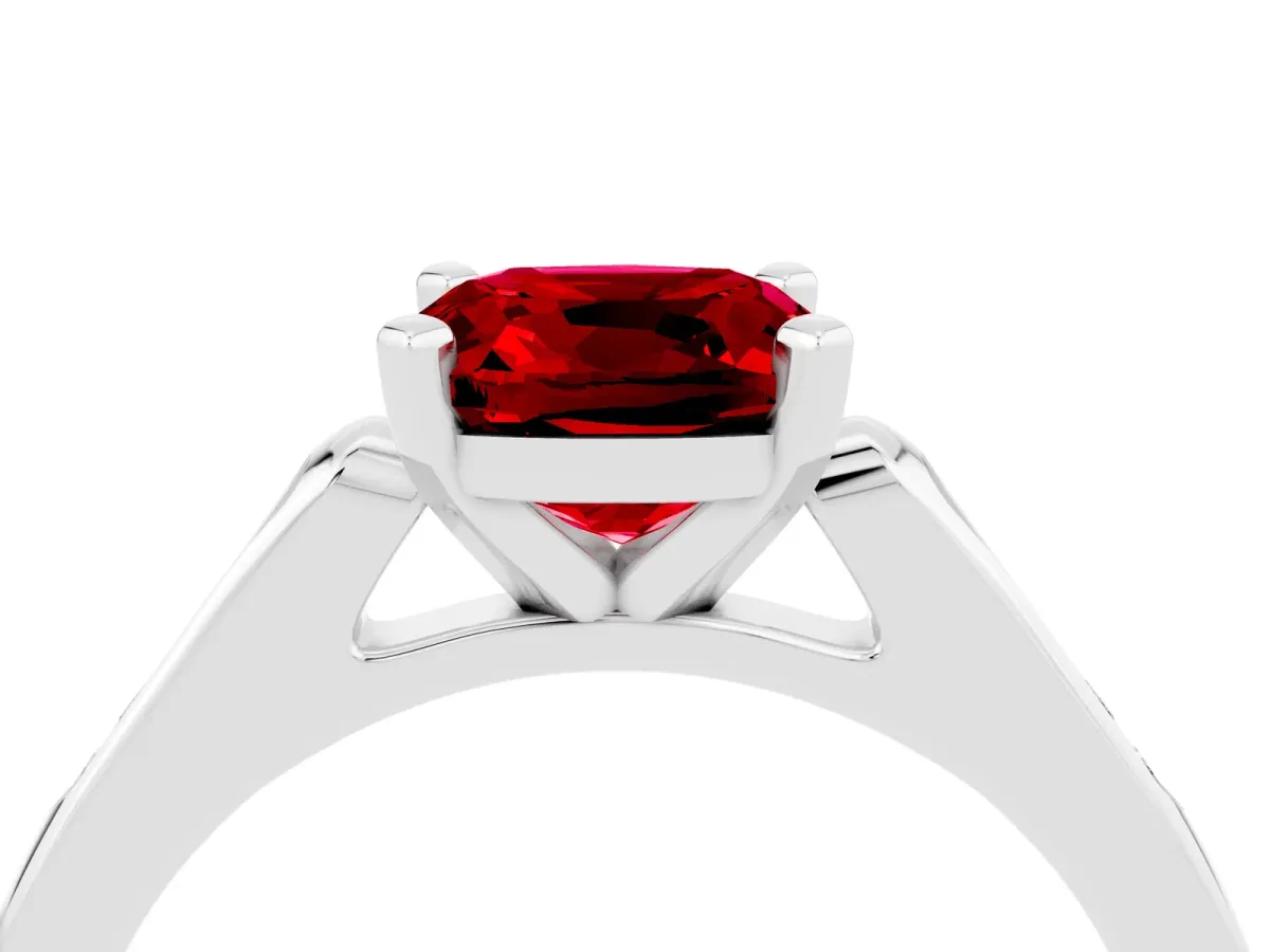 Cushion Cut Ruby Solitaire Ring with Channel Set Round Band and Prong Setting White gold