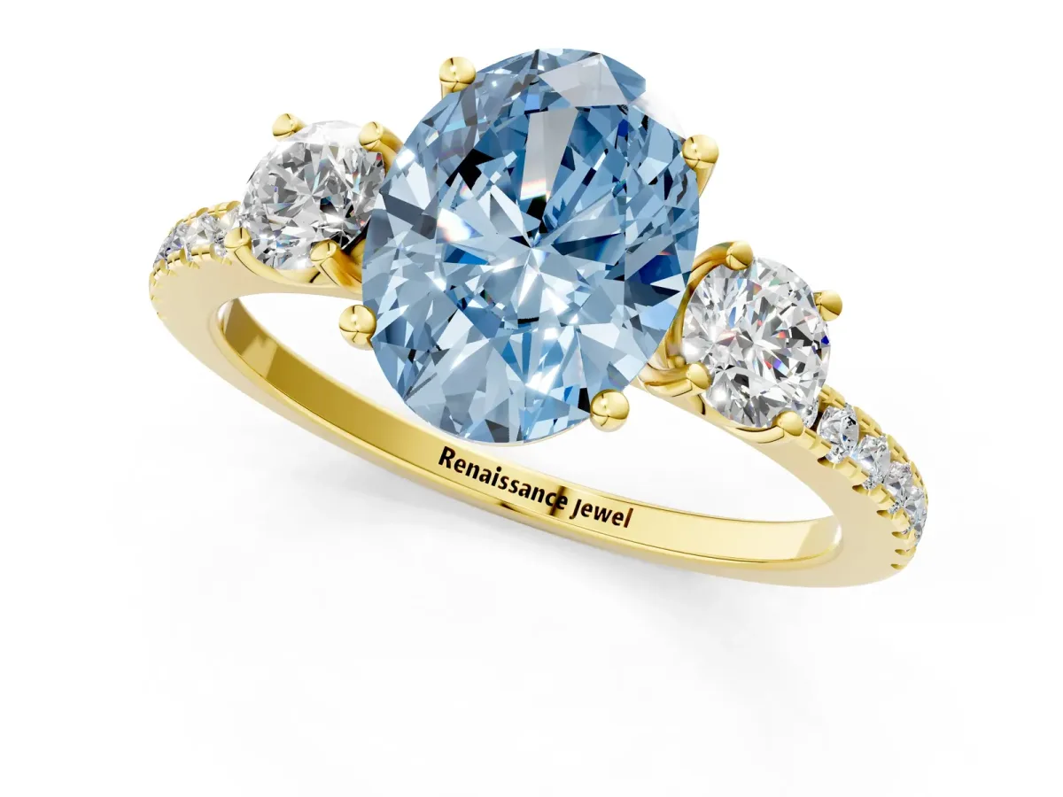 Fancy Blue Three-Stone Oval Cut Cut Diamond Pavé Band with Prong Setting Yellow gold