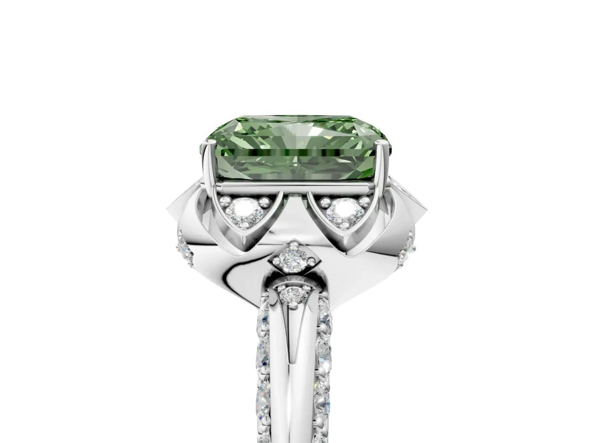 Fancy Green Radiant Cut Halo Split Shank Pave Diamond Ring with Petal Prong Setting Platinum