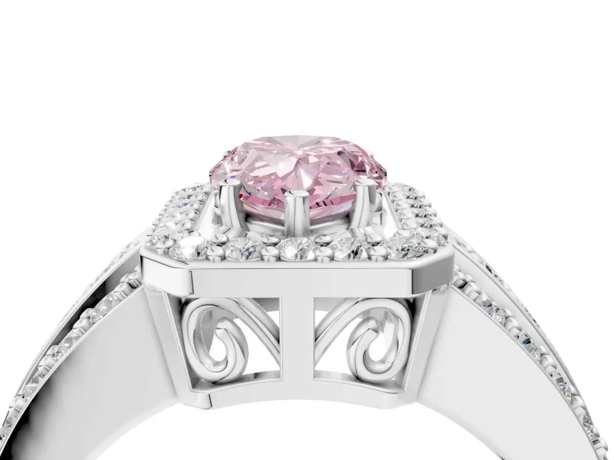 Fancy Pink Pear Cut Halo Diamond Ring with Round Split Shank and Prong Setting White gold
