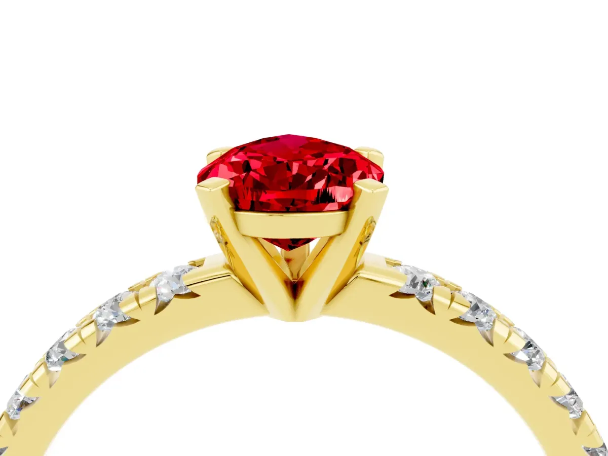 Pear Cut Ruby Solitaire Pavé Engagement Ring with Round Band and Prong Setting Yellow gold