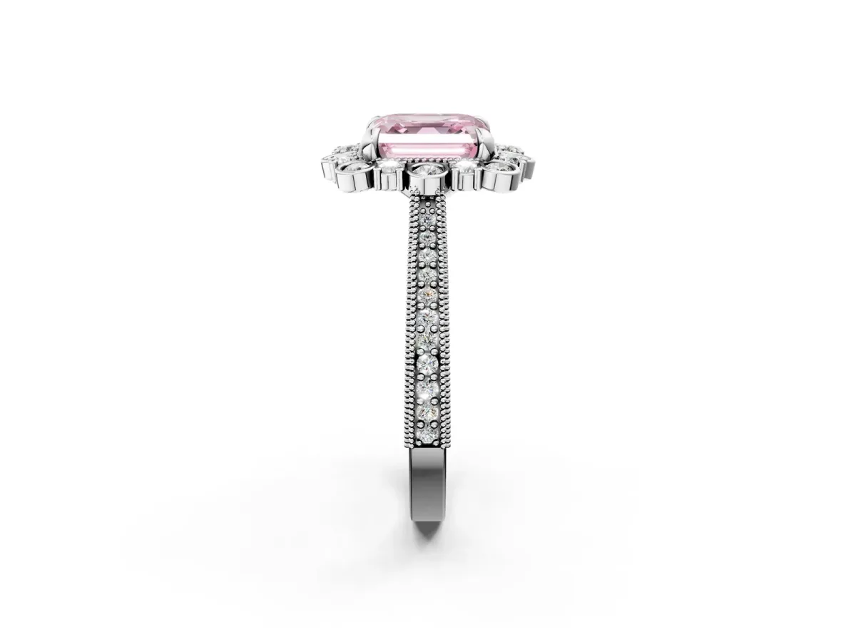 Fancy Pink Asscher Cut Halo Milgrain Pave Diamond Ring with Four-Prong Setting Platinum