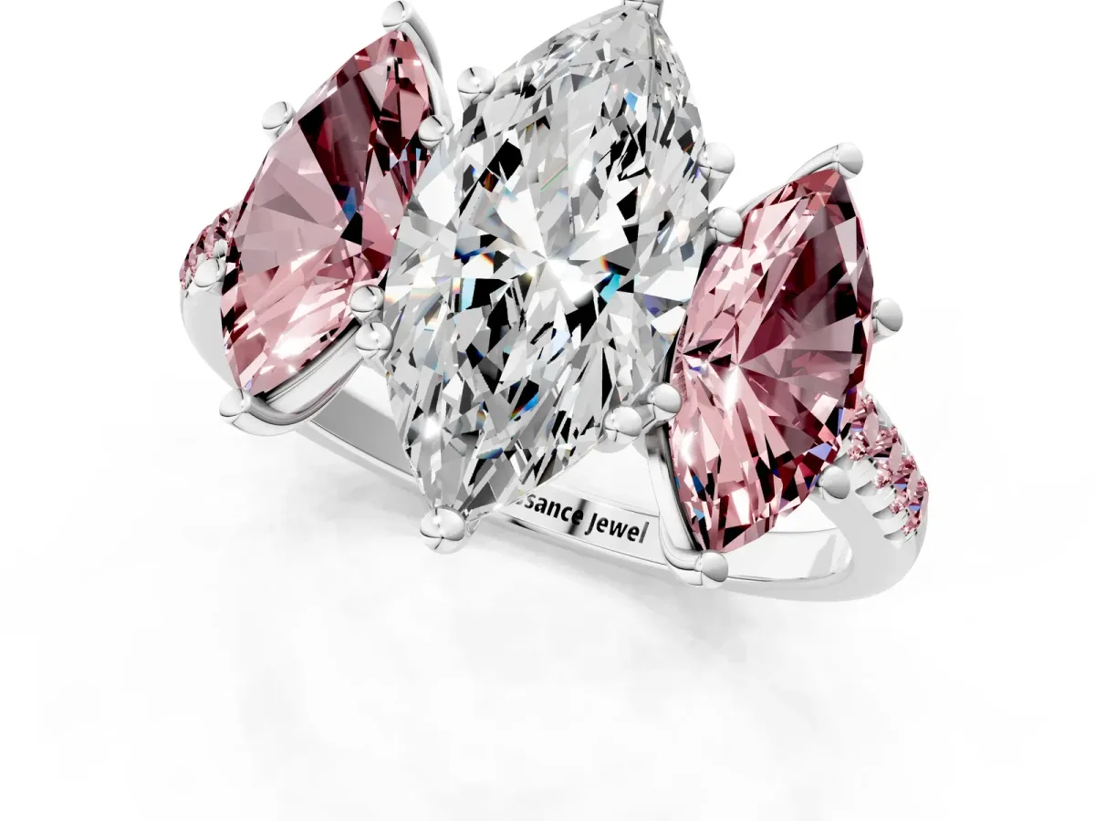 Three-Stone Marquise Cut Diamond Ring with Round Morganite Pavé Band and Prong Setting Silver