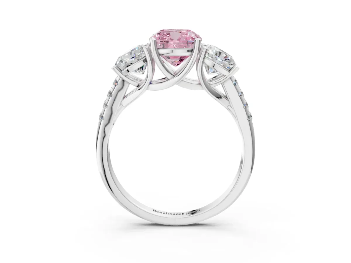 Fancy Pink Three-Stone Cushion Cut Diamond Ring with Round Pavé Band and Prong Setting Silver