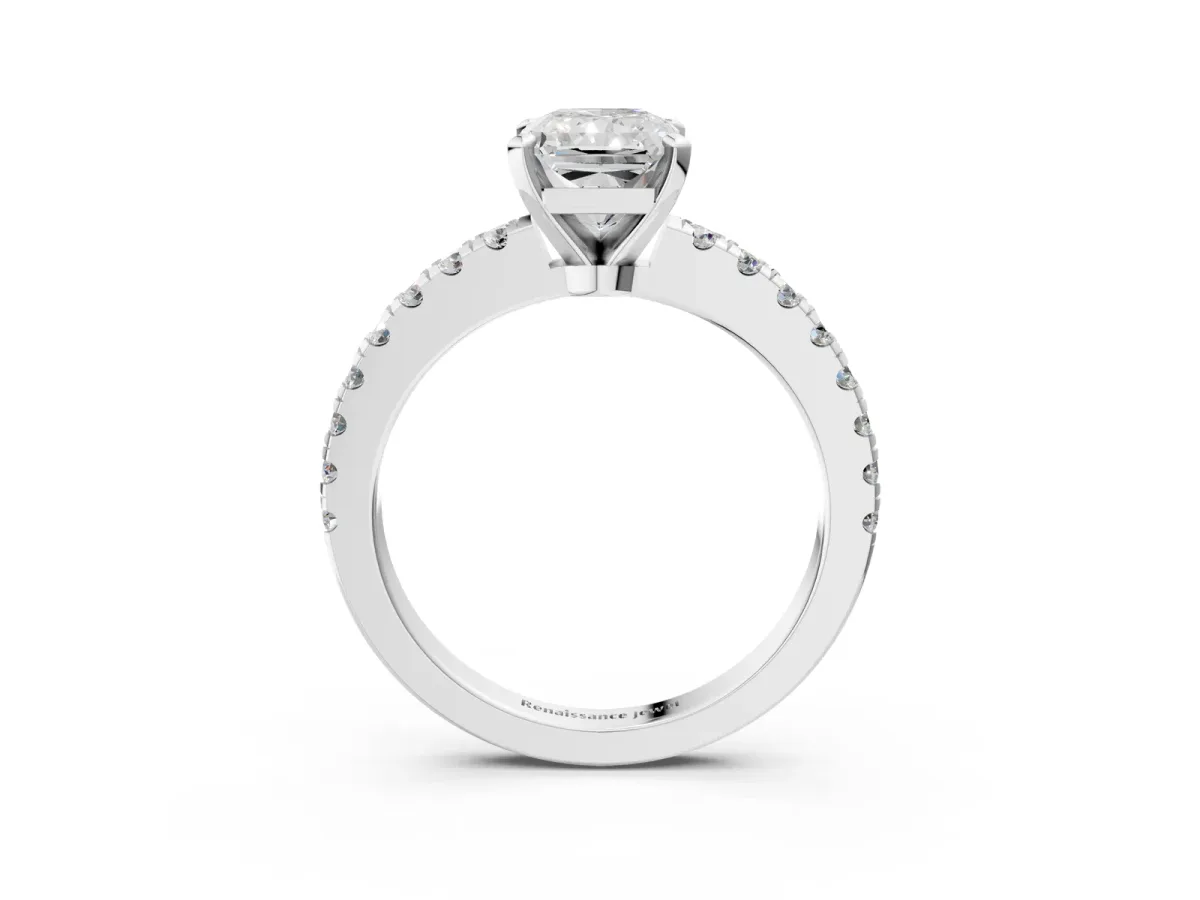Radiant Cut Solitaire Diamond with Pavé Band and Four-Prong Setting Silver