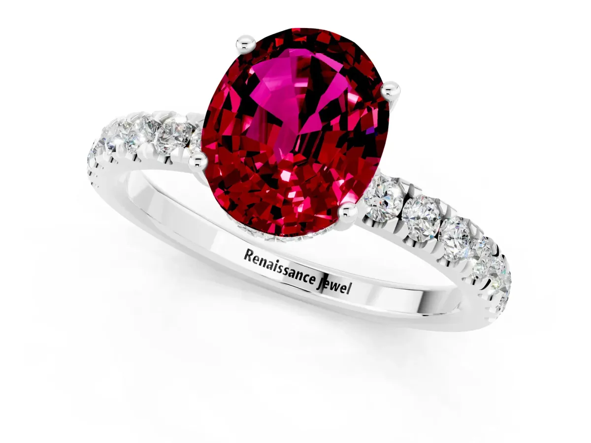 Oval Cut Garnet Pave Band Solitaire Ring with Round and Prong Setting Silver