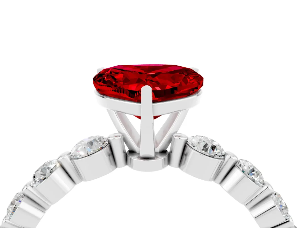 Heart Cut Solitaire Ruby Ring with Pave Band and Four-Prong Setting Platinum