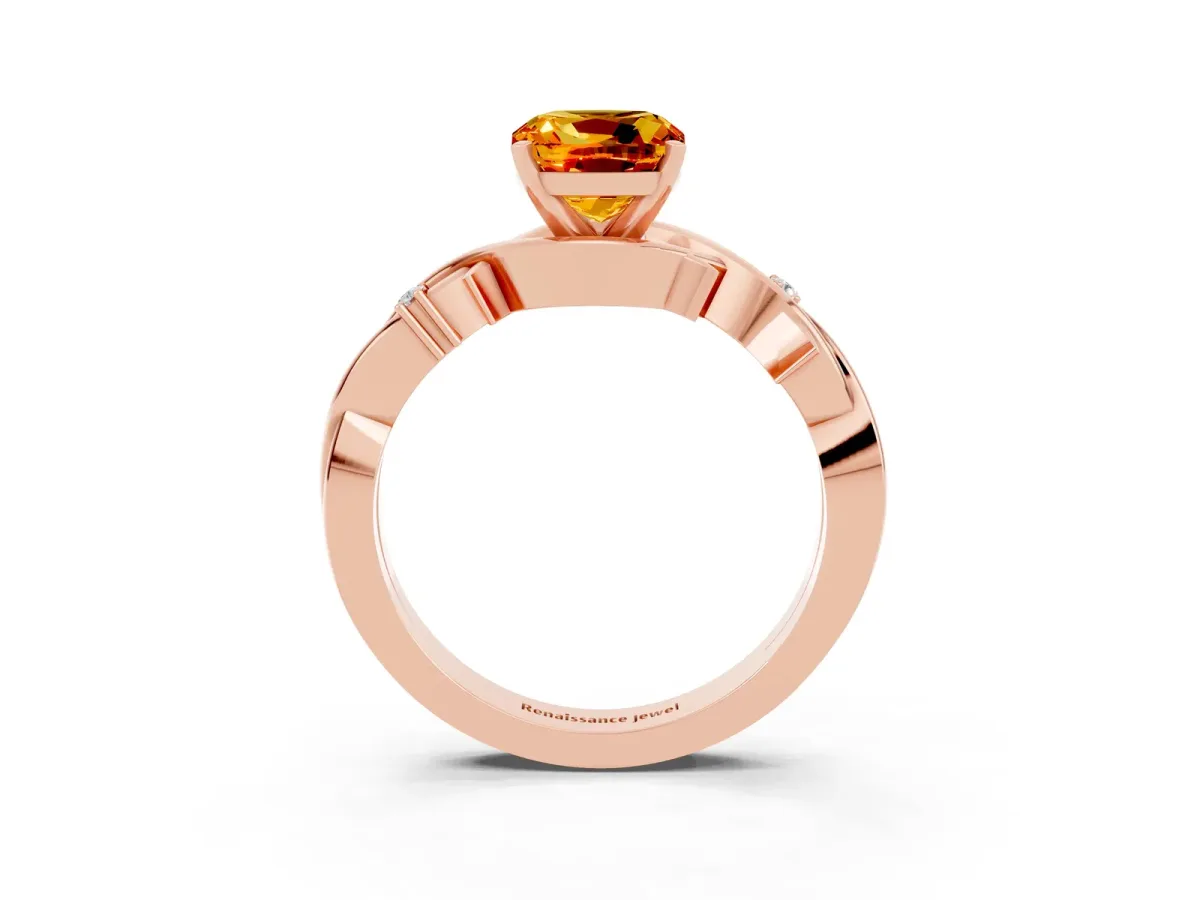 Cushion Cut Citrine Solitaire Ring with Twisted Band and Prong Setting Rose gold