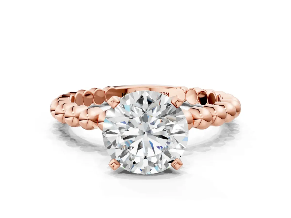 Round Cut Diamond Solitaire Ring with Beaded Band and Prong Setting Rose gold