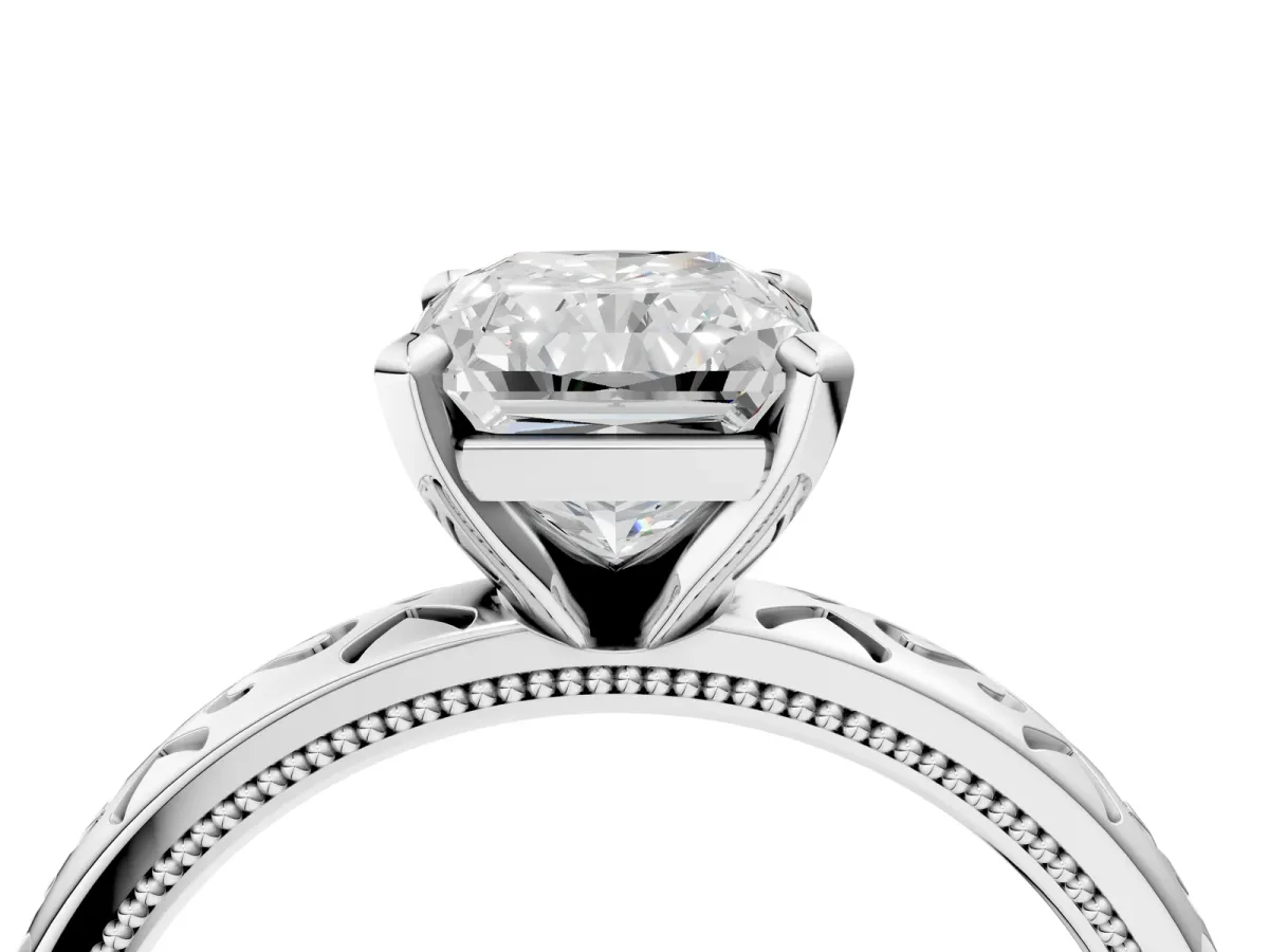 Radiant Cut Solitaire Engagement Ring with Scrollwork Band and Four-Prong Setting Platinum