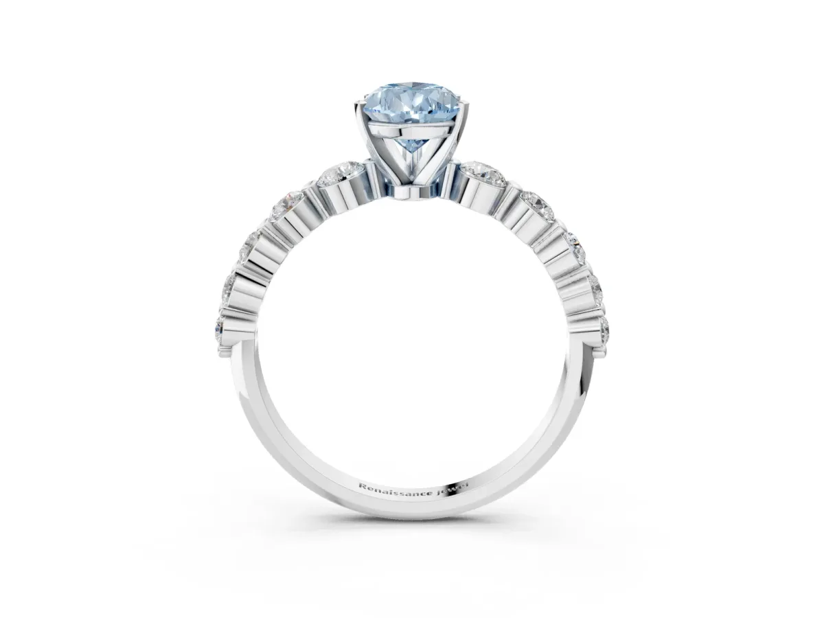 Fancy Blue Pear Cut Solitaire Diamond Ring with Pave Band and Four-Prong Setting Platinum