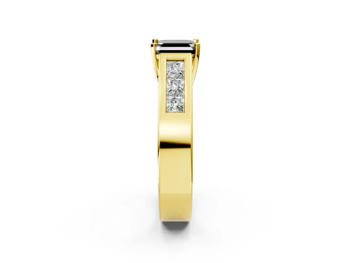 Fancy Black Asscher Cut Cut Channel Set Solitaire Ring with Four-Prong Setting Yellow gold