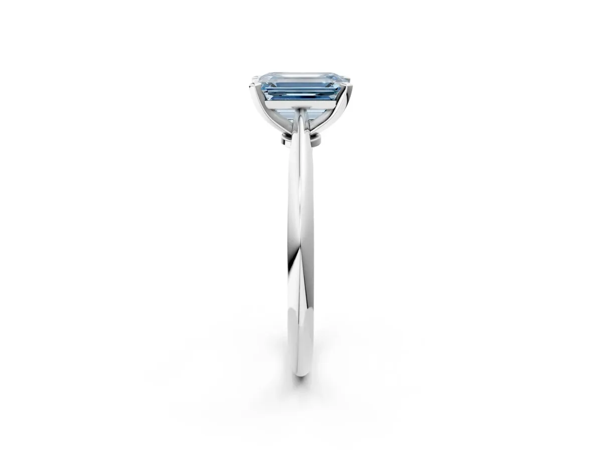 Fancy Blue Emerald Cut Diamond Solitaire Engagement Ring with Classic Band and Four-Prong Setting Silver