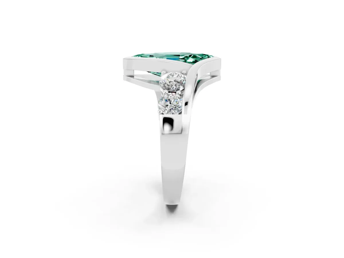 Bezel Set Marquise Cut Green Sapphire Bypass Ring with Round Accents Silver