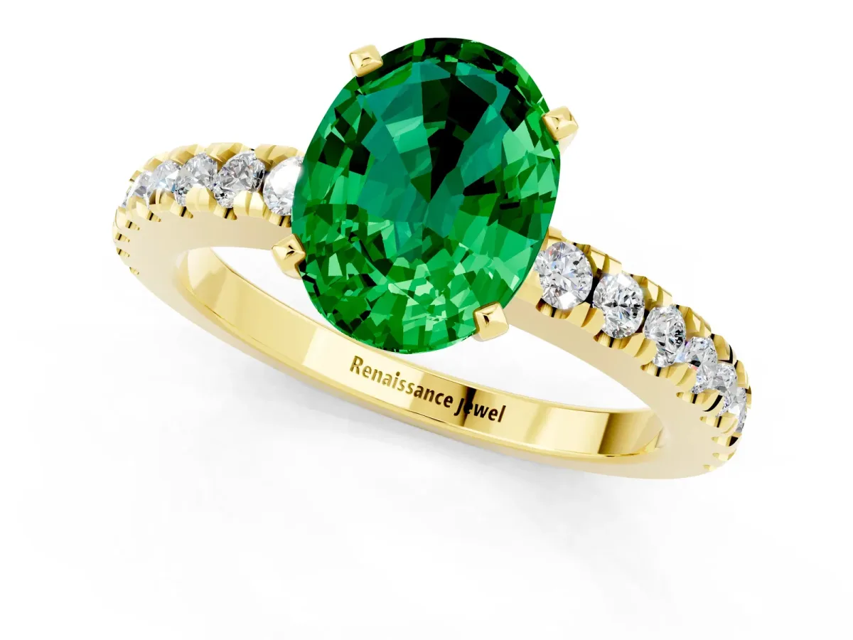 Oval Cut Solitaire Emerald with Pavé Band and Four-Prong Setting Yellow gold