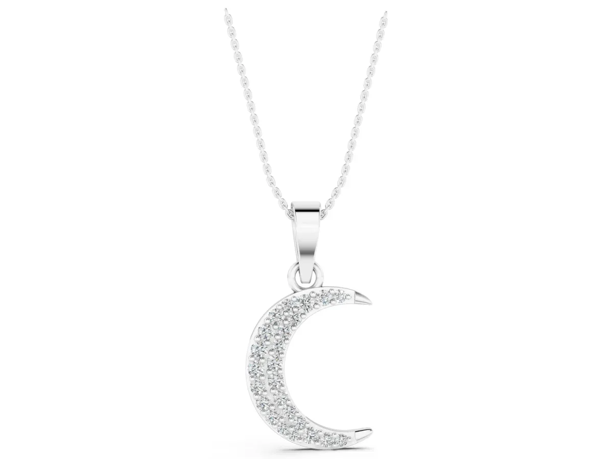Pavé Round Diamond Crescent Pendant with Four-Prong Setting White gold