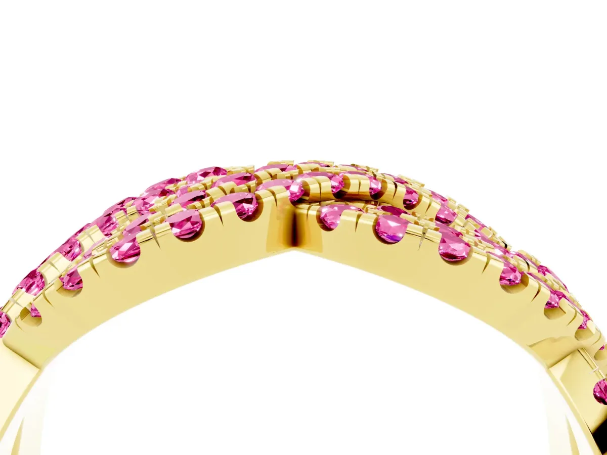 Pavé Round Pink Sapphire Infinity Twist Band with Shared Prong Setting Yellow gold