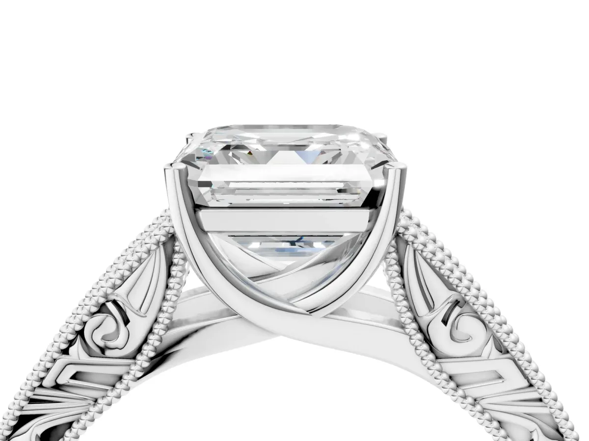Asscher Cut Diamond Solitaire Ring with Engraved Band and Four-Prong Setting Platinum