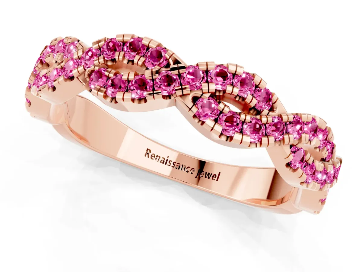 Round Pink Sapphire Twisted Eternity Band with Pavé and Shared Prong Setting Rose gold