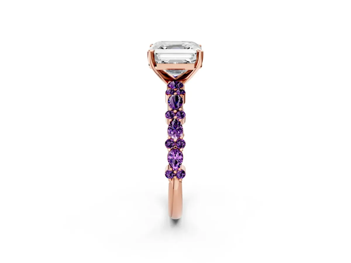 Asscher Cut Diamond Side Stone Solitaire Ring with Round Amethyst and Four-Prong Setting Rose gold