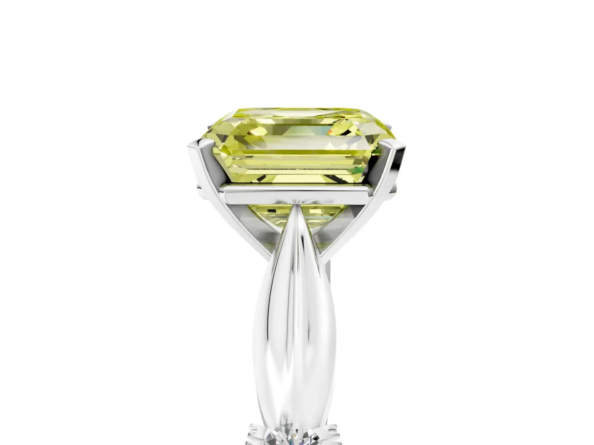 Fancy Yellow Asscher Cut Solitaire Diamond Twisted Band with Four-Prong Setting Platinum