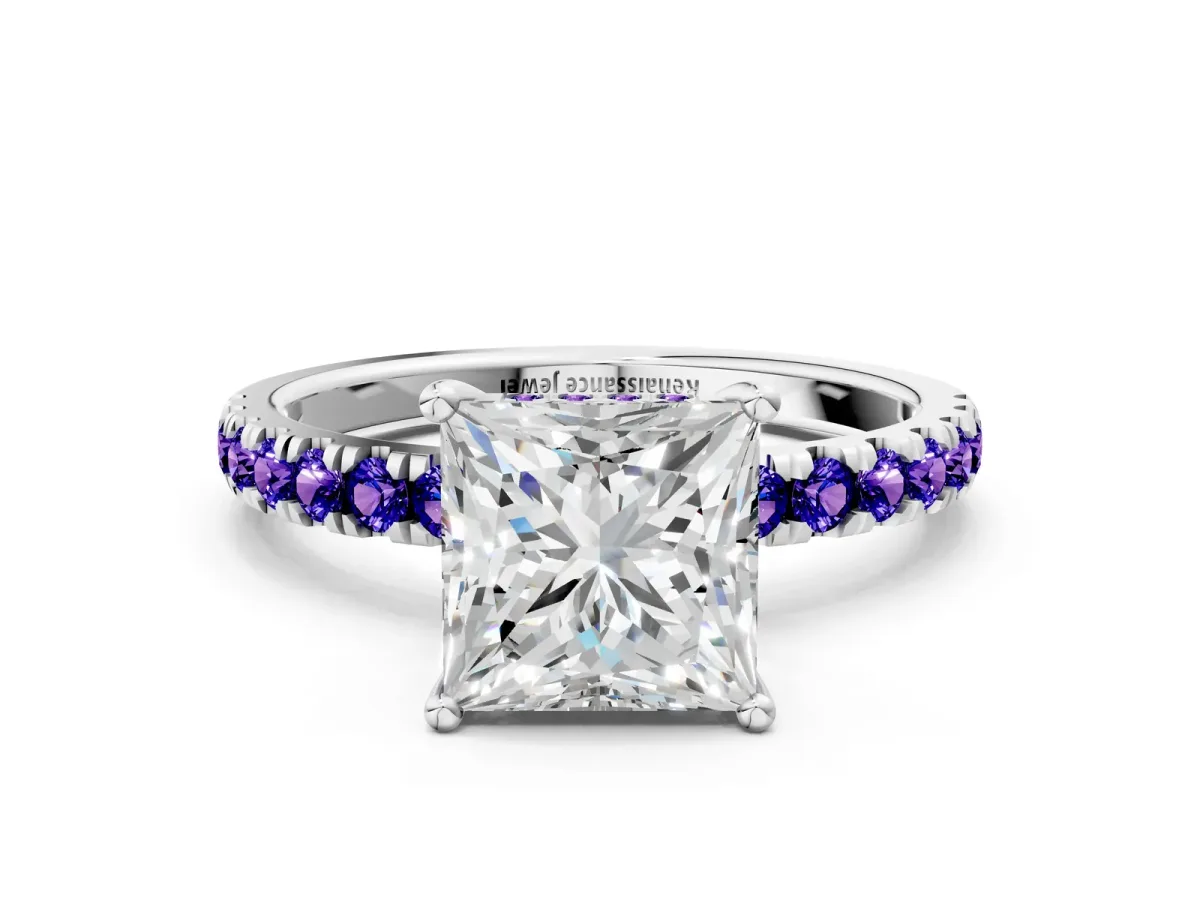 Princess Cut Diamond Pave Band Solitaire Ring with Round Tanzanite and Prong Setting Silver