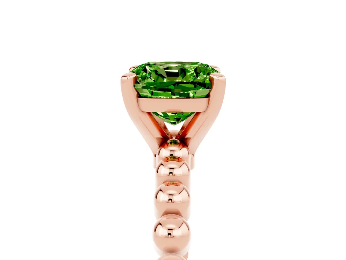 Cushion Cut Peridot Solitaire Ring with Beaded Band and Prong Setting Rose gold