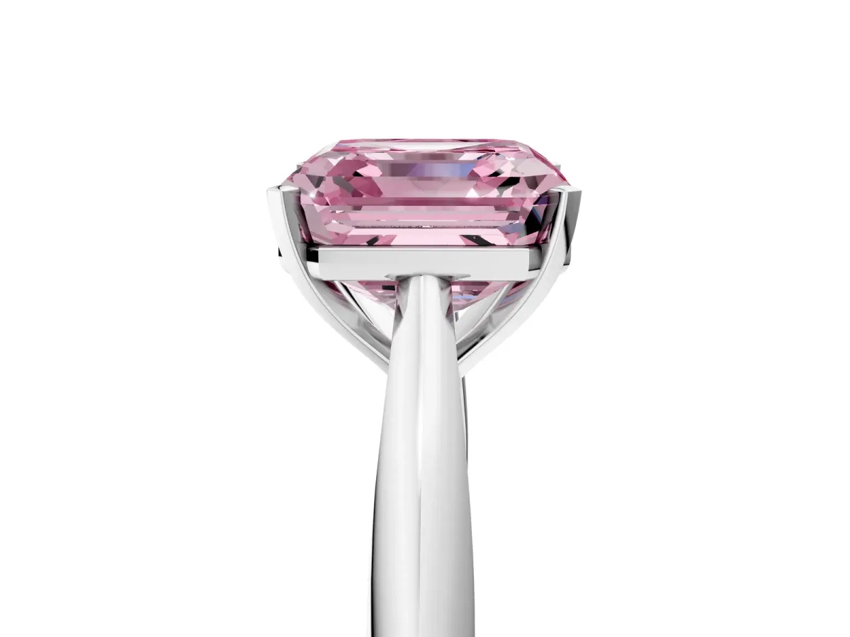 Fancy Pink Asscher Cut Diamond Solitaire Engagement Ring with Cathedral Setting and Four-Prong Mount Silver