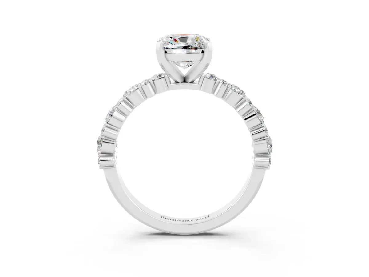 Cushion Cut Moissanite Side Stone Solitaire Ring with Round and Four-Prong Setting Platinum