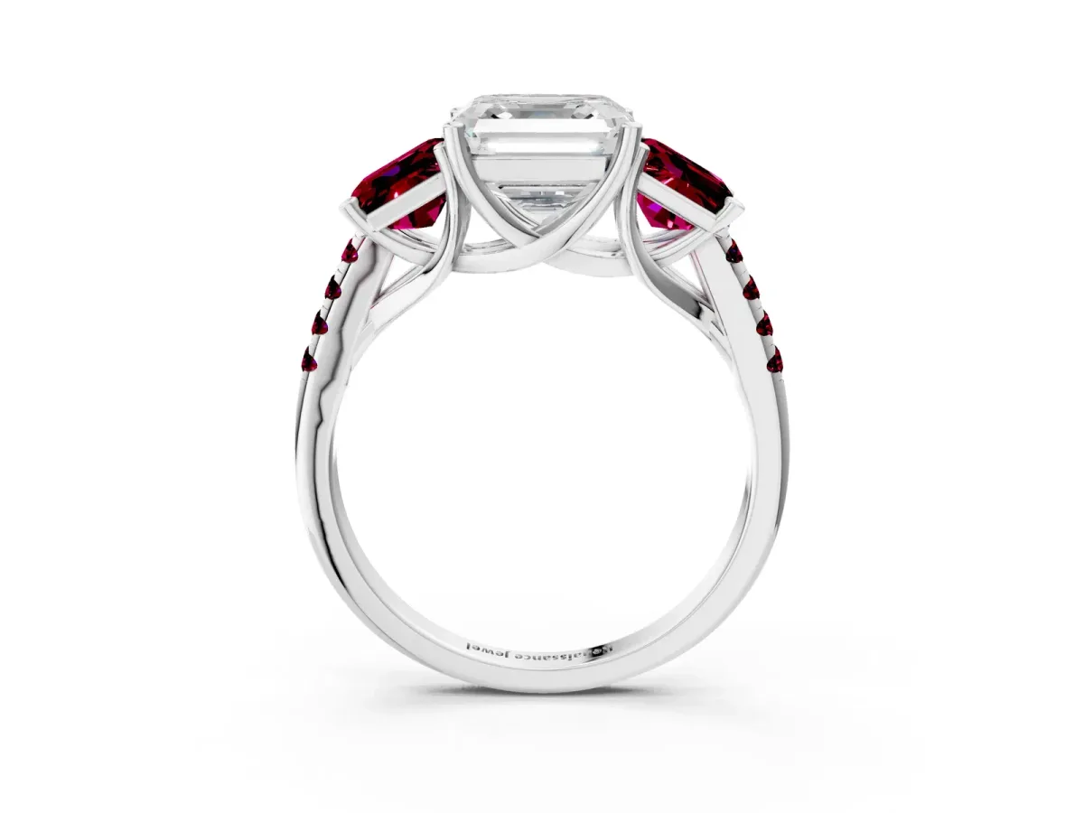 Three-Stone Asscher Cut Diamond Ring with Round Garnet Pavé Band and Prong Setting Silver