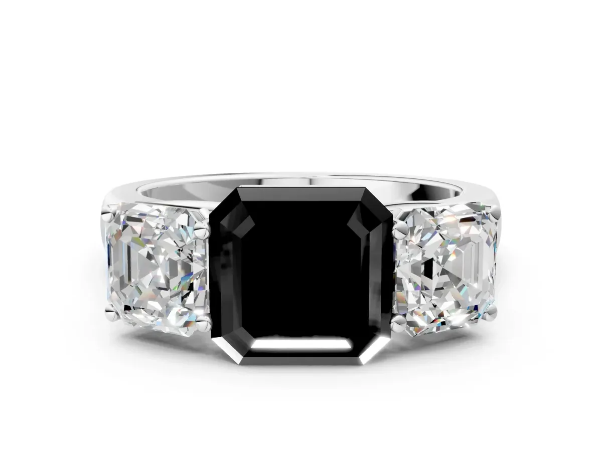 Fancy Black Asscher Cut Three-Stone Diamond Ring with Prong Setting on a Classic Band Platinum