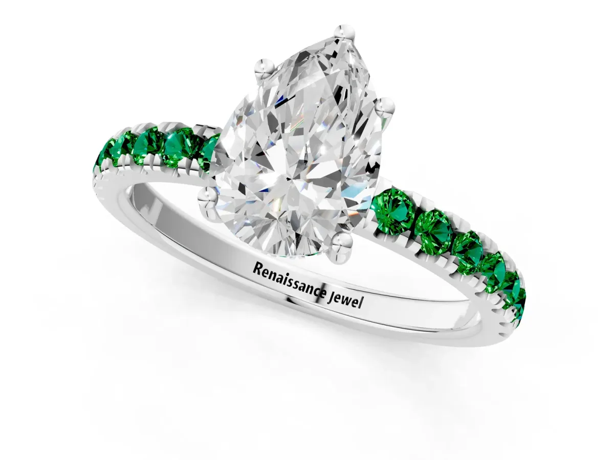 Pear Cut Diamond Pave Band Solitaire Ring with Round Emerald and Prong Setting Platinum