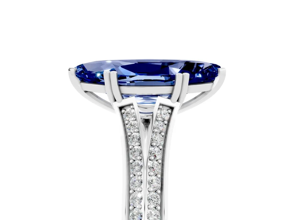 Marquise Cut Blue Sapphire Split Shank Engagement Ring with Pavé Band White gold