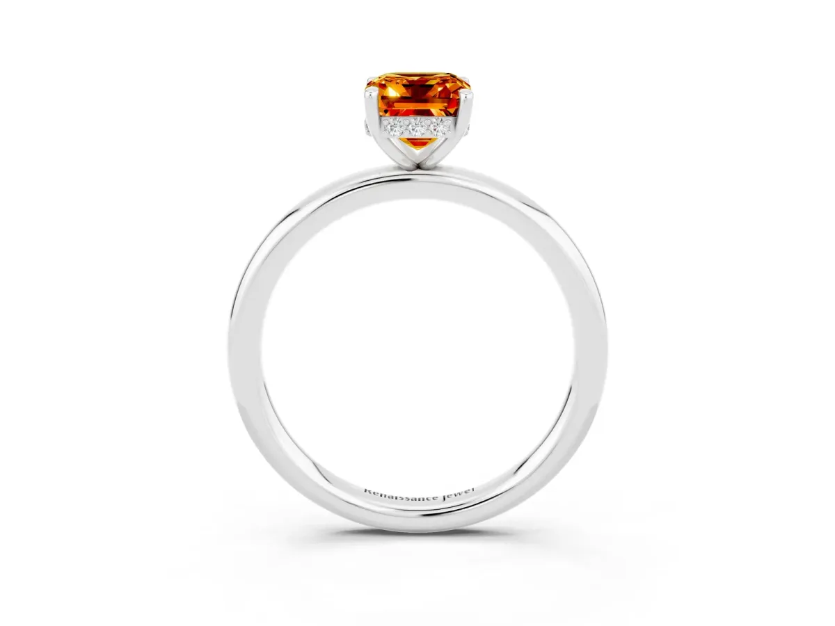 Emerald Cut Citrine Solitaire Ring with Thin Band and Four-Prong Setting White gold