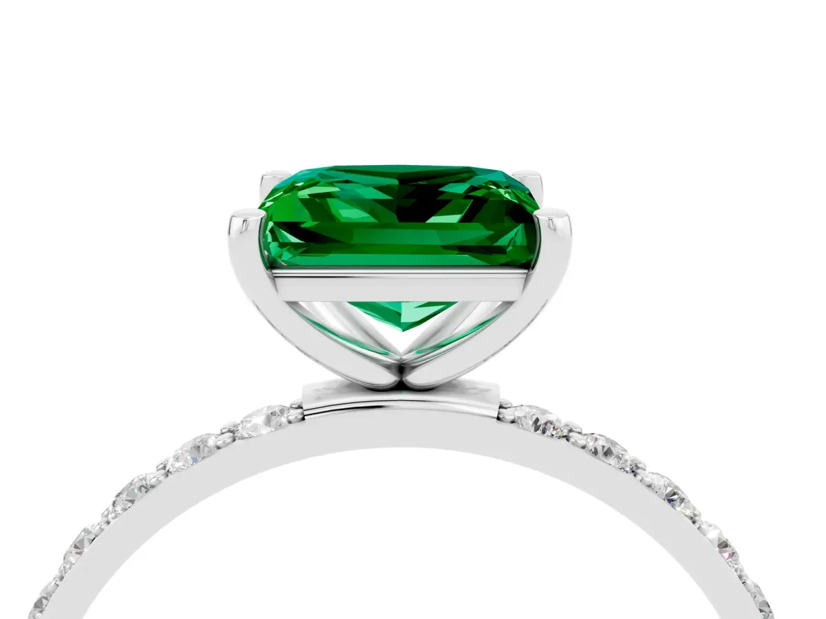 Princess Cut Emerald Solitaire Ring with Round Pavé Band and Prong Setting Silver