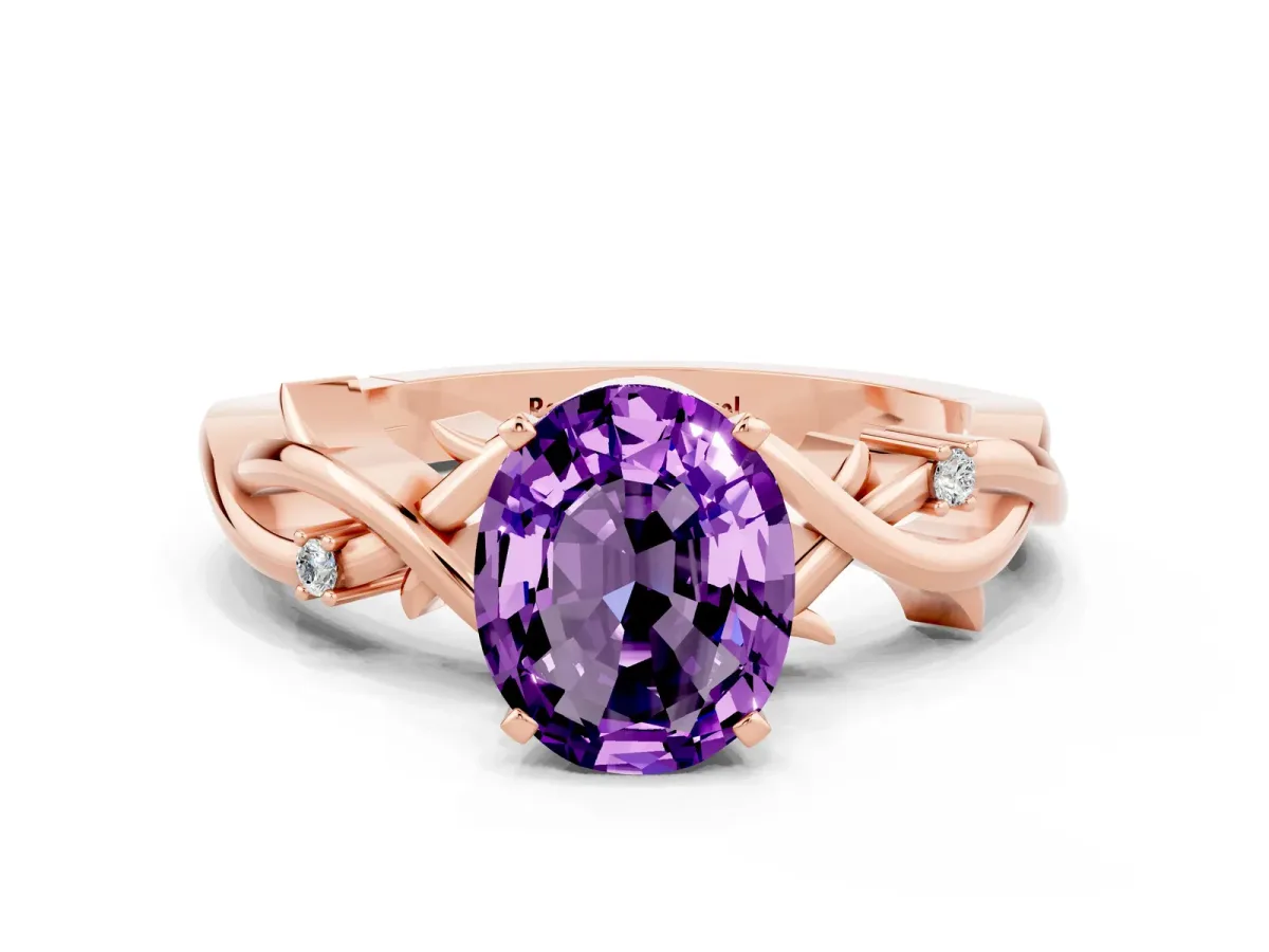 Oval Cut Amethyst Solitaire Ring with Twisted Band and Prong Setting Rose gold