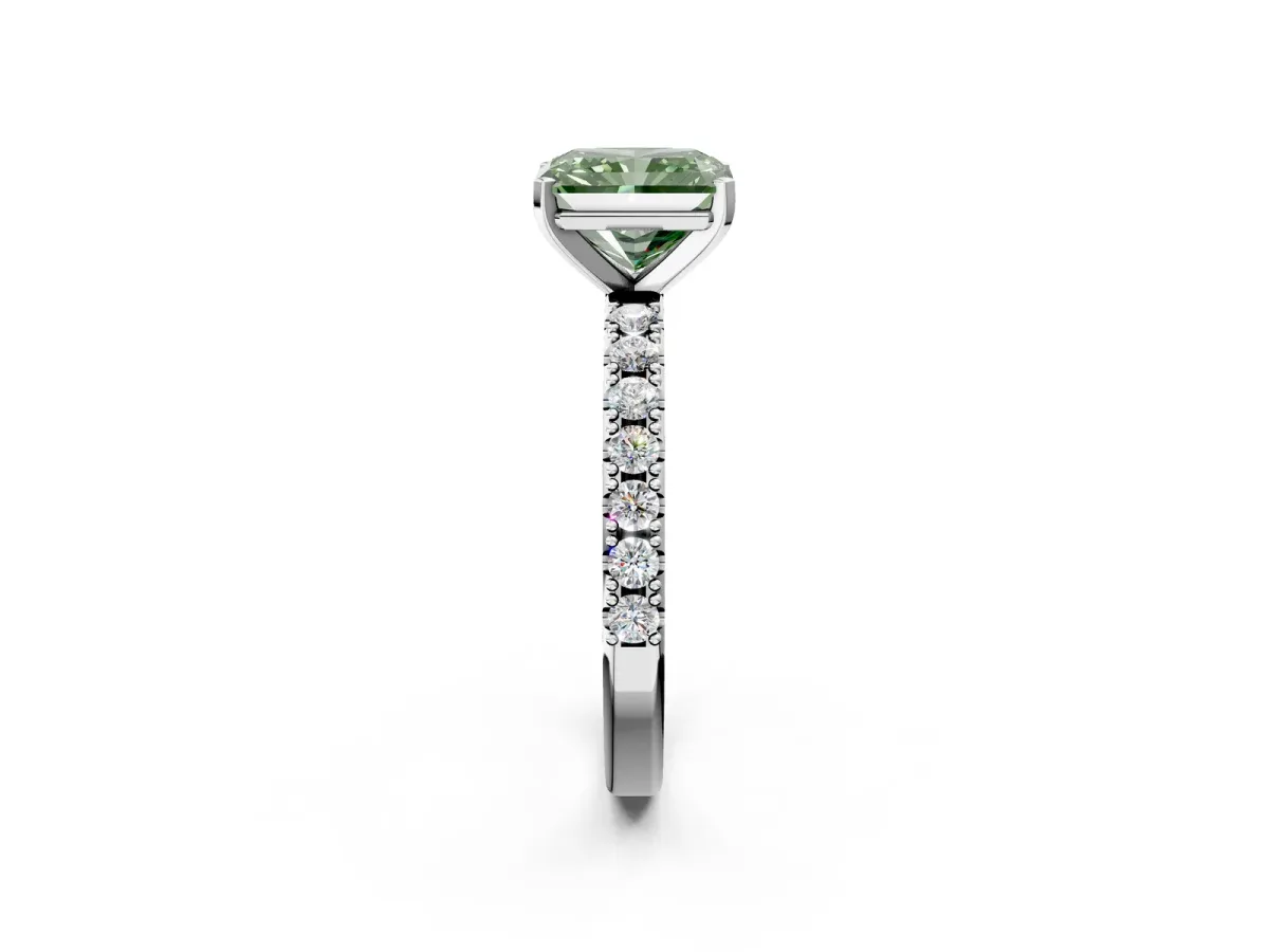 Fancy Green Radiant Cut Diamond Solitaire Pavé Band with Four-Prong Setting Silver