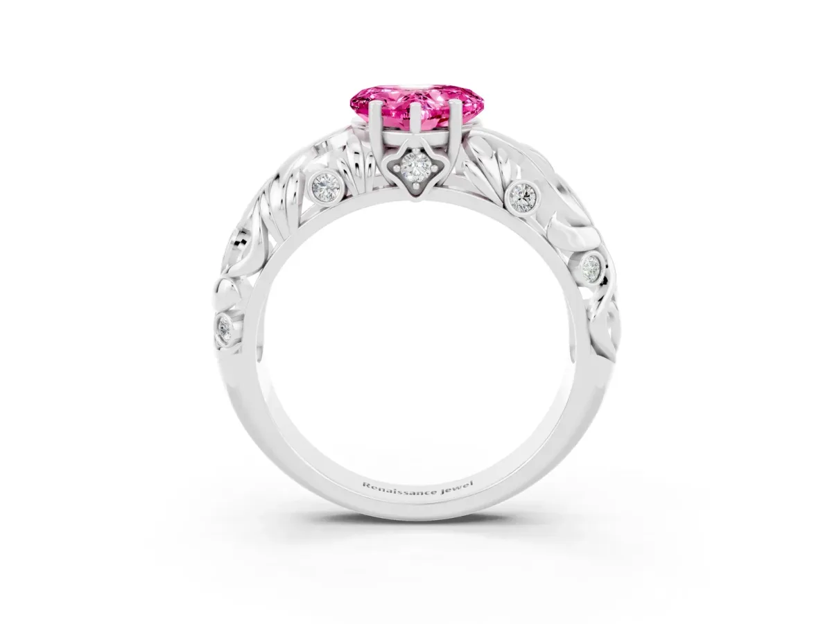 Heart Cut Solitaire Pink Sapphire Leaf-Inspired Vine Band Ring with Prong Setting Platinum