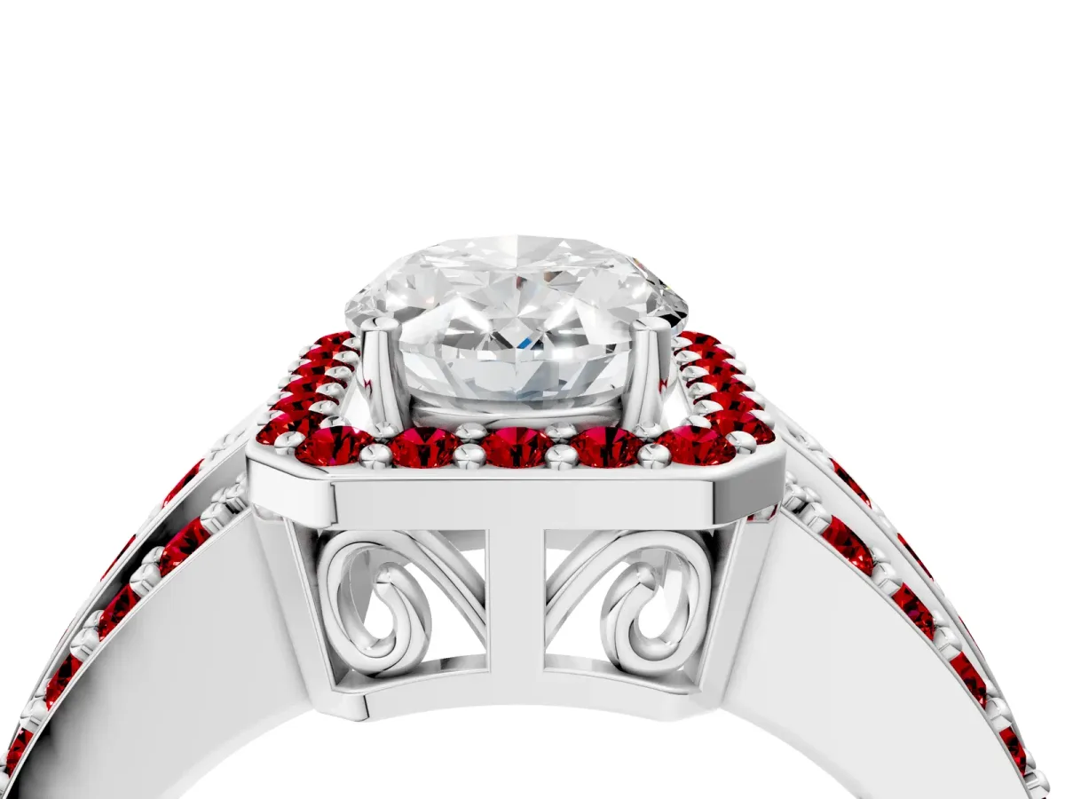 Oval Cut Halo Diamond Ring with Round Ruby Split Shank and Prong Setting White gold