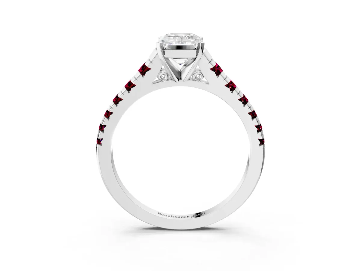 Emerald Cut Diamond Cathedral Solitaire Ring with Round Garnet Pavé Band Platinum