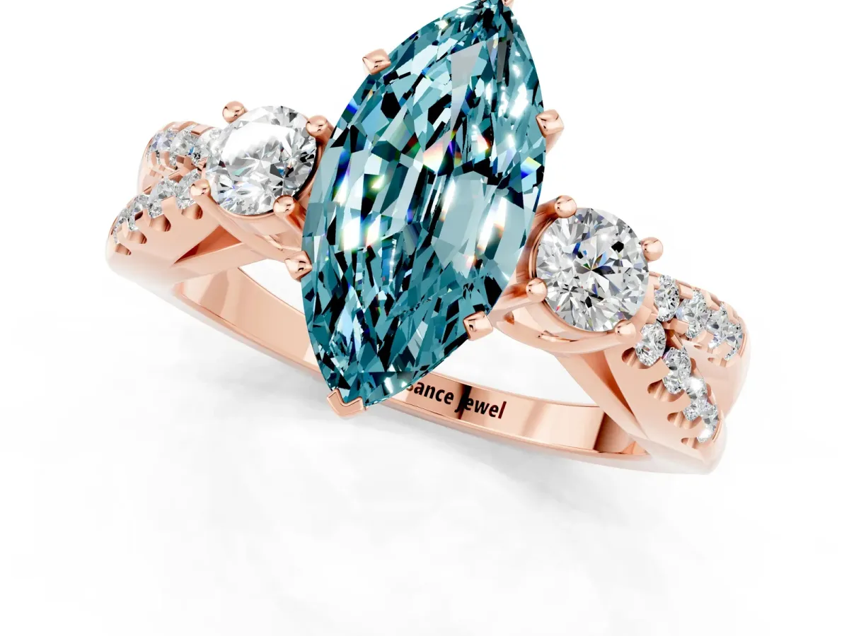 Marquise Cut Blue Topaz Three-Stone Ring with Pavé Split Shank and Four-Prong Setting Rose gold