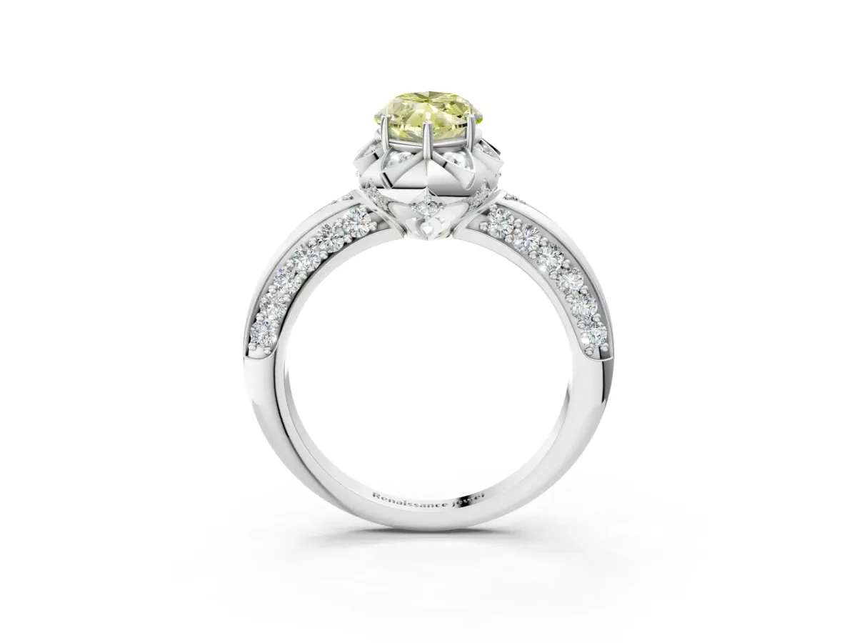 Fancy Yellow Marquise Cut Halo Split Shank Pave Diamond Ring with Petal Prong Setting Platinum