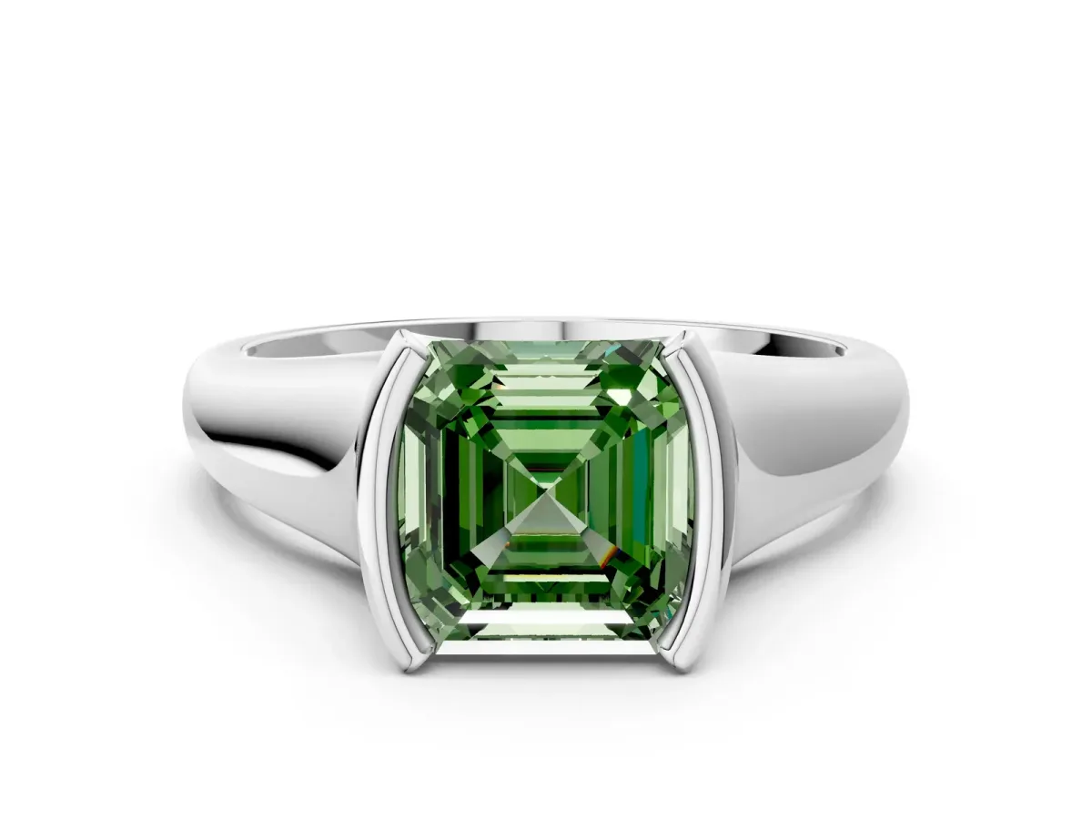 Fancy Green Asscher Cut Solitaire Tension Set Diamond Ring with Split Shank Band Platinum