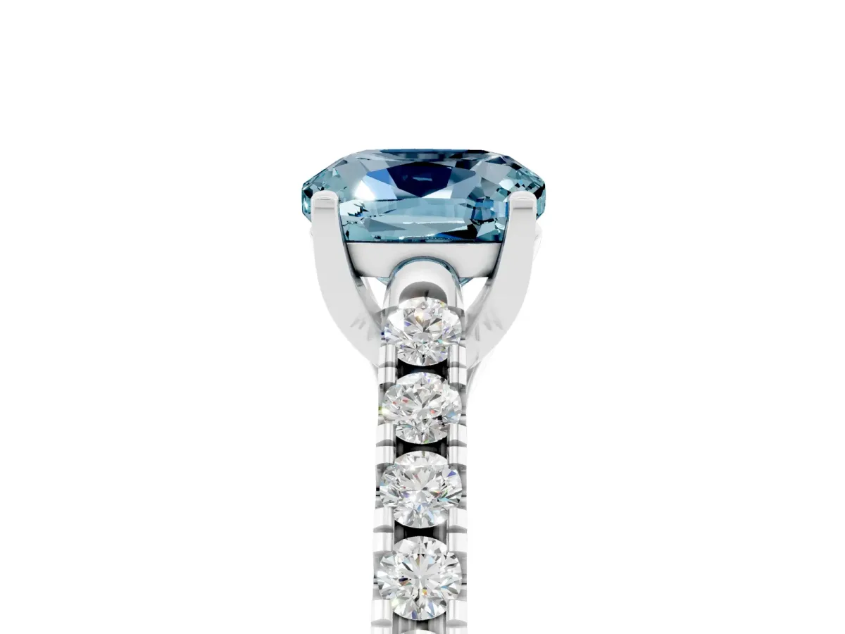 Cushion Cut Aquamarine Pavé Band Solitaire Ring with Prong Setting Platinum