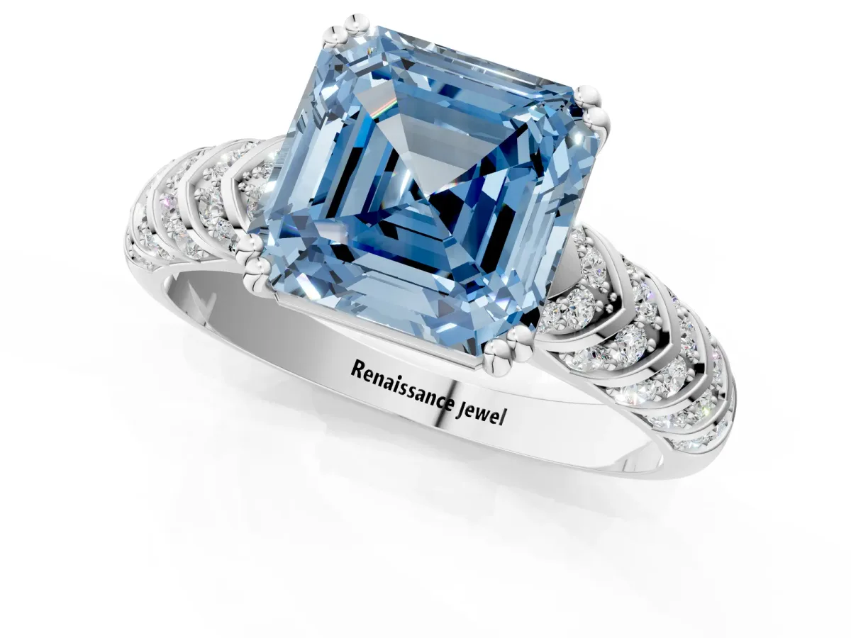 Fancy Blue Asscher Cut Solitaire Chevron Pave Diamond Engagement Ring with Six-Prong Setting Platinum