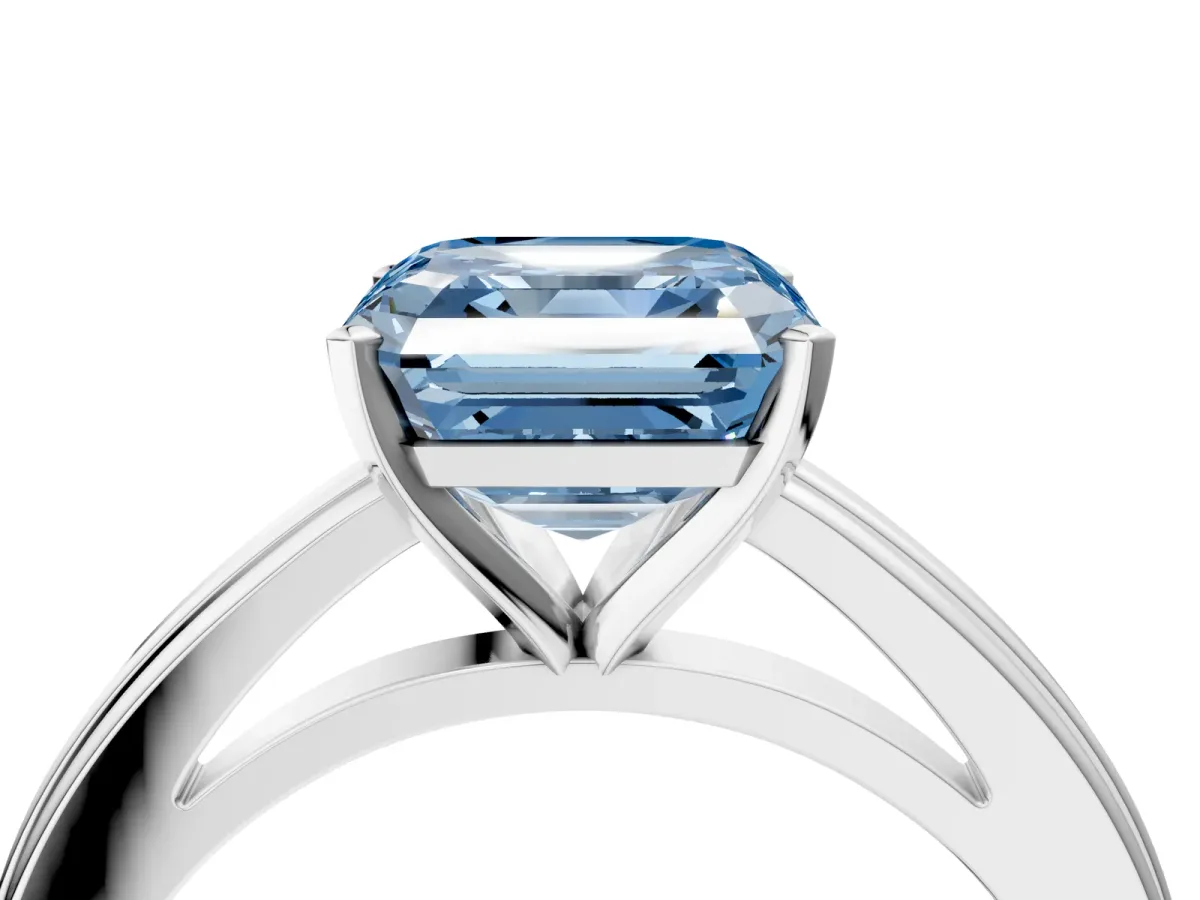 Fancy Blue Asscher Cut Solitaire Diamond Ring with Four-Prong Setting and Classic Band Platinum