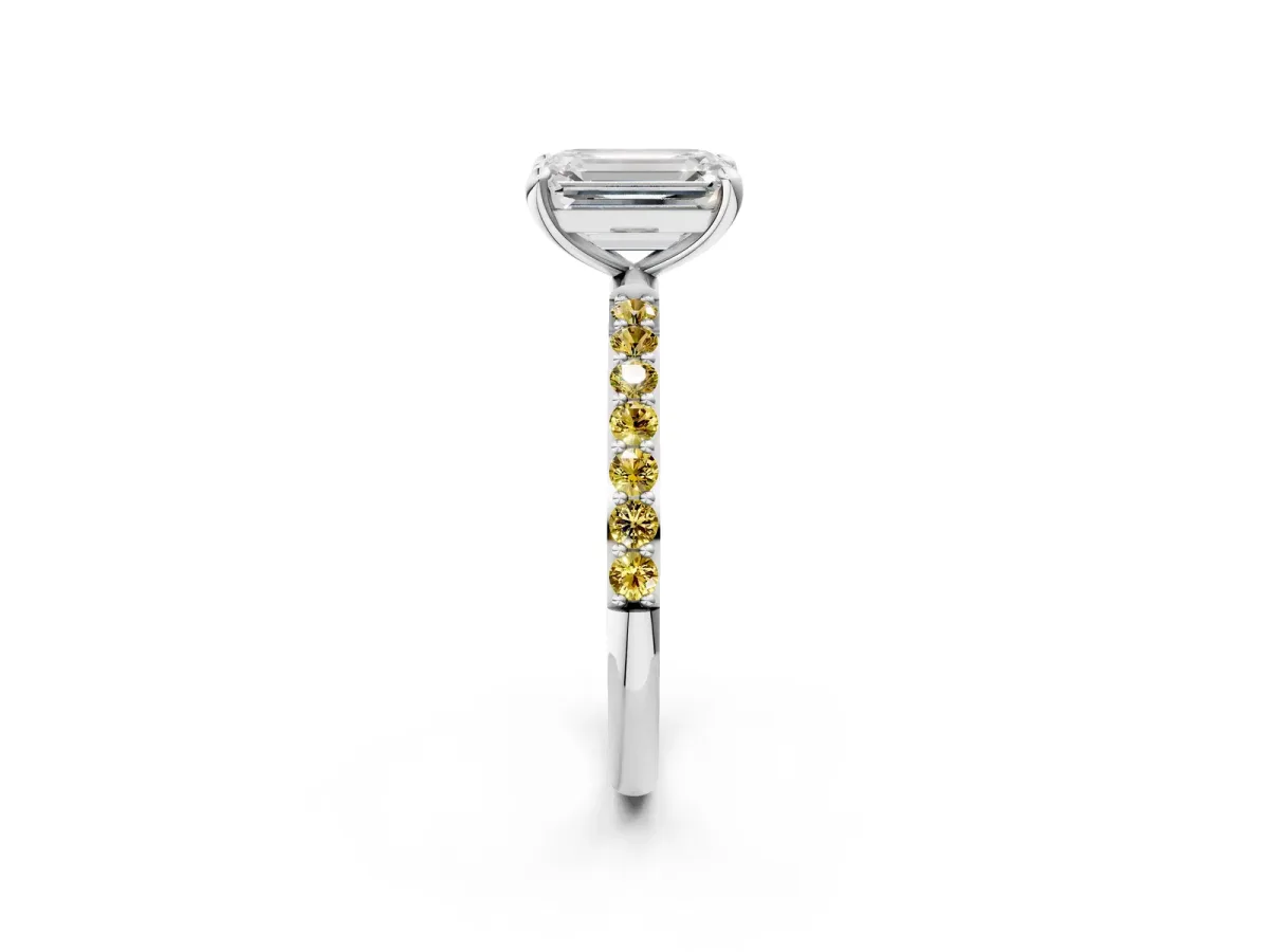 Emerald Cut Diamond Solitaire Ring with Round Yellow Sapphire Pavé Band and Prong Setting Silver